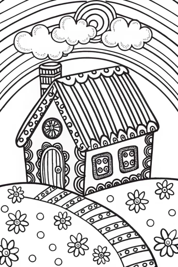 A coloring page of Gingerbread House Under the Rainbow Coloring Page