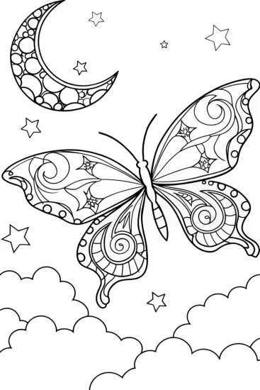 A coloring page of Butterfly Dreams: A Nighttime Flight Coloring Page
