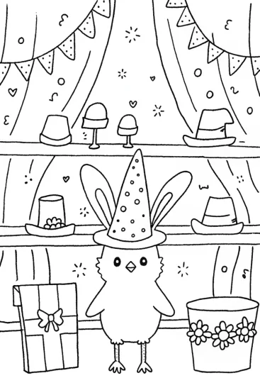 A coloring page of Chick in a Magical Hat Shop Coloring Page