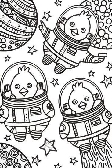 A coloring page of Chickens in Space Adventure Coloring Page