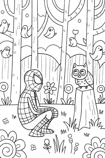 A coloring page of Miles Morales in a Whimsical Forest Coloring Page
