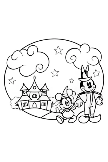 A coloring page of Mickey Mouse and Friends Halloween Parade Coloring Page