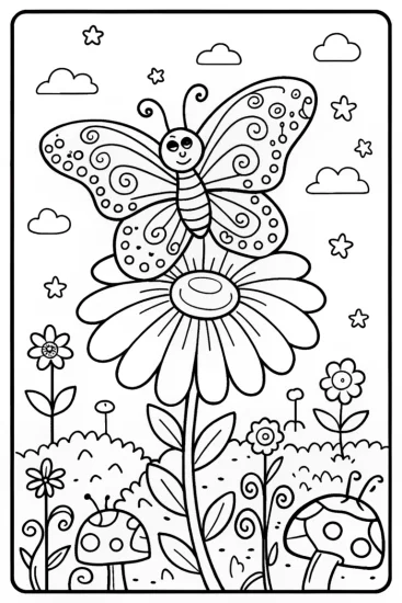 A coloring page of Guardian butterfly in a magical garden