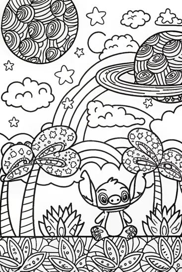 A coloring page of Stitch’s Galactic Gardening Adventure Coloring Page