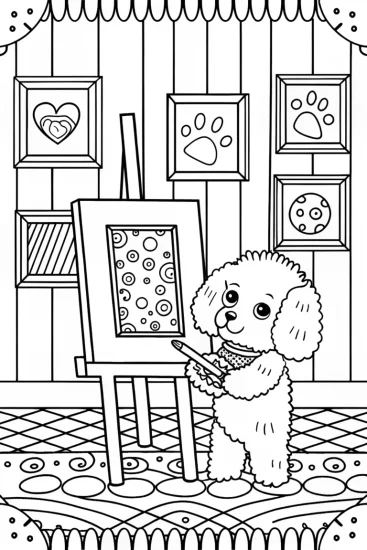 A coloring page of Puppy Artist in a Whimsical Gallery Coloring Page