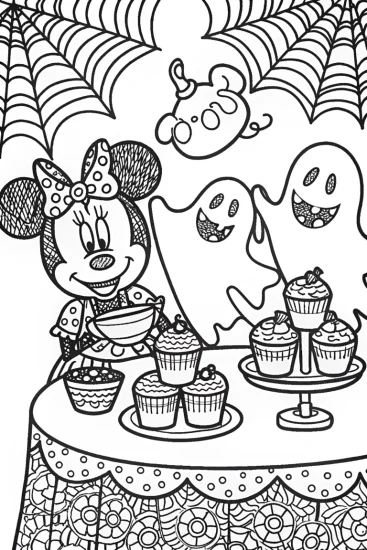 A coloring page of Minnie Mouse’s Haunted Tea Party Coloring Page
