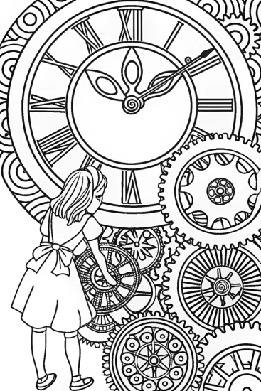 A coloring page of Alice’s Enchanted Clock Tower Coloring Page