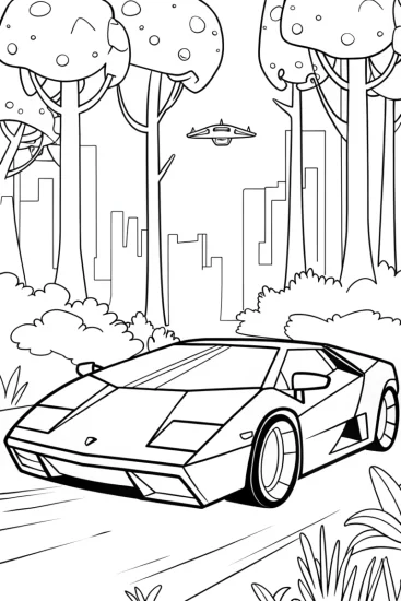 A coloring page of Lamborghini in a Cybernetic Forest Coloring Page