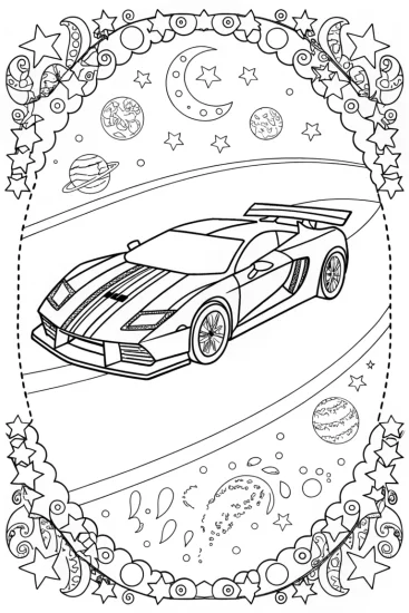A coloring page of Lamborghini on the Cosmic Race Track Coloring Page