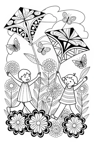 A coloring page of Springtime Kite Festival Coloring Page