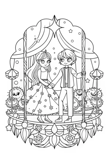 A coloring page of Celestial Garden Coloring Page with Magical Characters