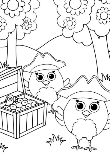 A coloring page of Chickens hunting for hidden treasures