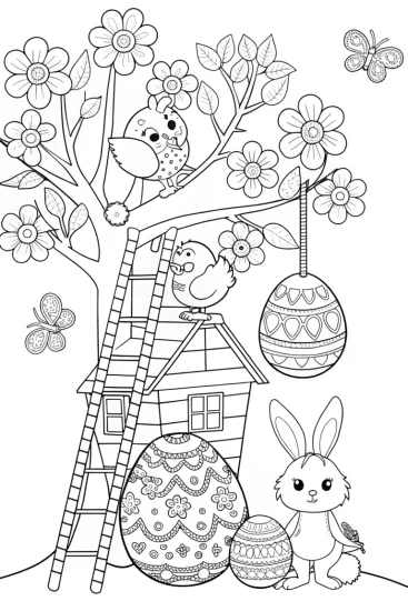 A coloring page of Easter egg treehouse coloring fun