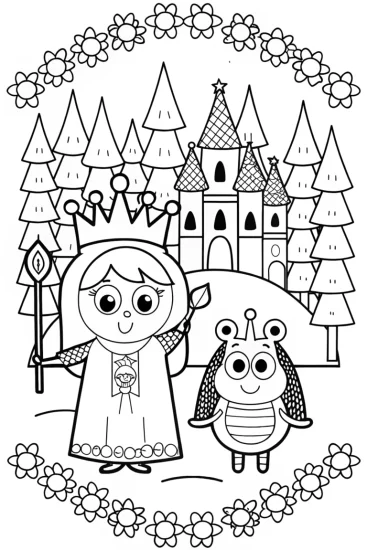 A coloring page of Bluey and Bingo’s Fairy Tale Adventure Coloring Page