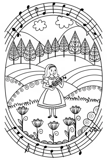 A coloring page of Alice in the Garden of Whimsy Instruments Coloring Page