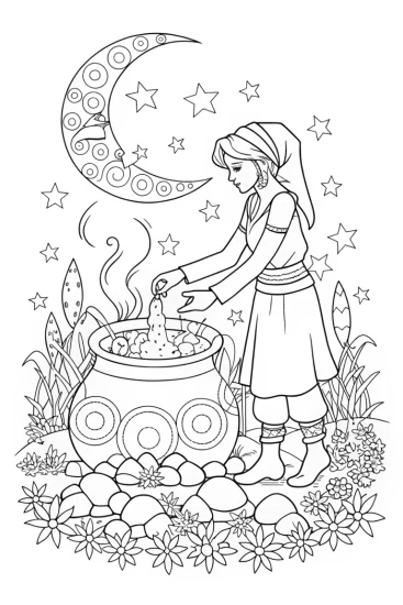 A coloring page of Jasmine’s Starlit Potion Adventure Coloring Page
