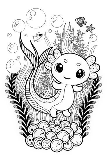 A coloring page of Axolotl’s Dreamy Bubble Adventure Coloring Page