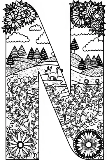 A coloring page of Nurturing Nature with ‘N’ Coloring Page