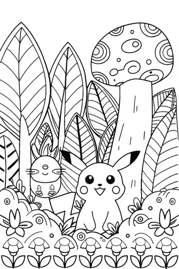 A coloring page of Pikachu’s Nature Quest Coloring Page
