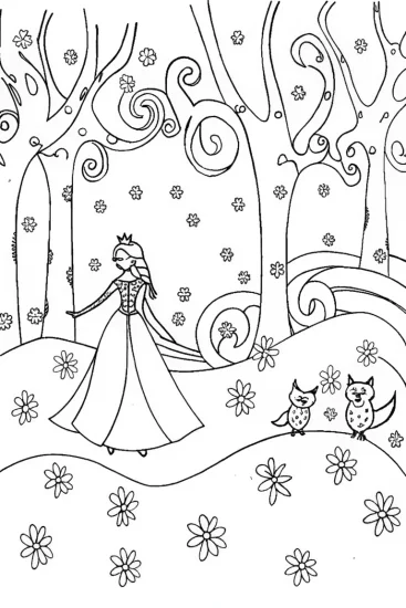 A coloring page of Elsa and the Enchanted Forest Friends Coloring Page