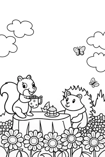 A coloring page of Delightful springtime garden picnic coloring page