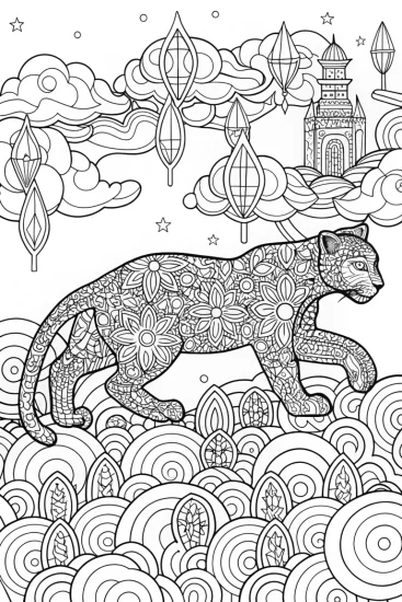 A coloring page of Mystical Panther in the Dream Realm Coloring Page