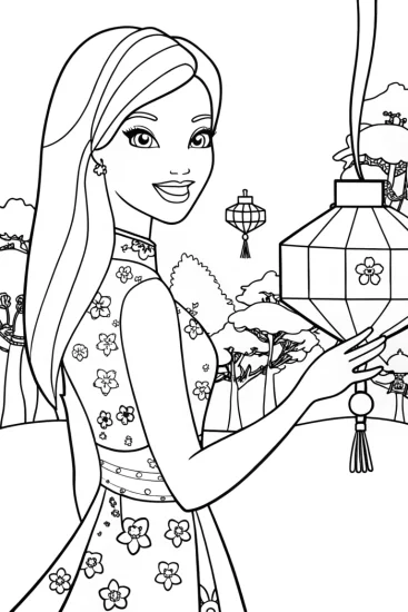 A coloring page of Barbie’s Enchanted Lantern Festival Coloring Page