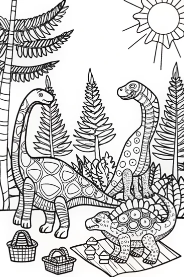 A coloring page of Dinosaur Picnic Party Coloring Page