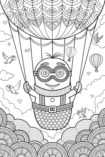 A coloring page of Minion’s Magical Hot Air Balloon Adventure Coloring Page