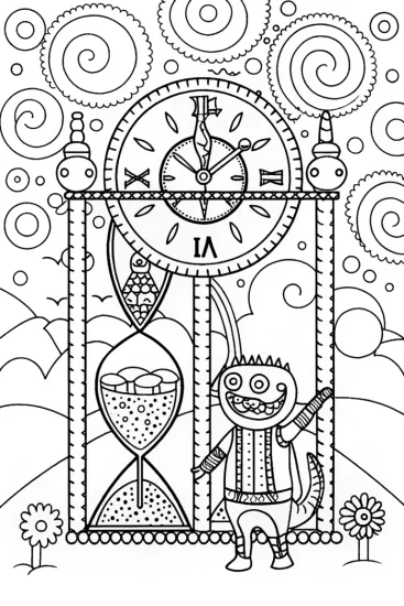 A coloring page of Huggy Wuggy’s Magical Time Machine Adventure Coloring Page