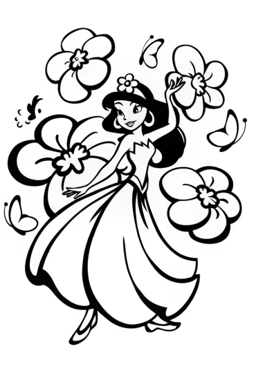 A coloring page of Jasmine’s Dreamy Flower Whirl Coloring Page