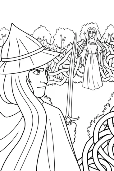 A coloring page of Mystical Champions in the Enchanted Labyrinth Coloring Page