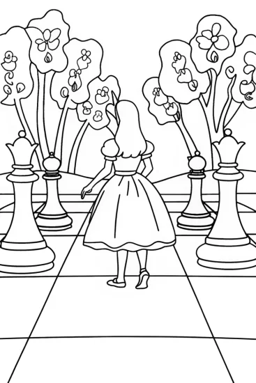A coloring page of Alice on the Enchanted Chessboard Coloring Page