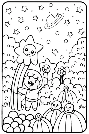 A coloring page of Cosmic Garden Adventure Coloring Page
