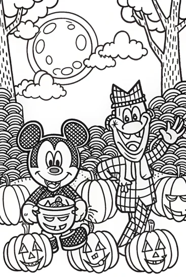 A coloring page of Mickey Mouse in a spooky pumpkin patch