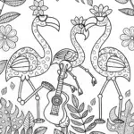 Flamingo Orchestra in the Jungle Coloring Page