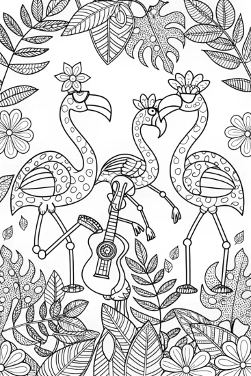 A coloring page of Flamingo Orchestra in the Jungle Coloring Page