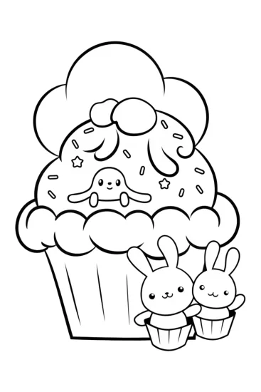 A coloring page of Cinnamoroll frosts cupcakes in cloud bakery