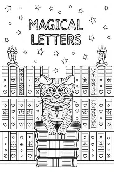A coloring page of Cat in the Enchanted Library Coloring Page