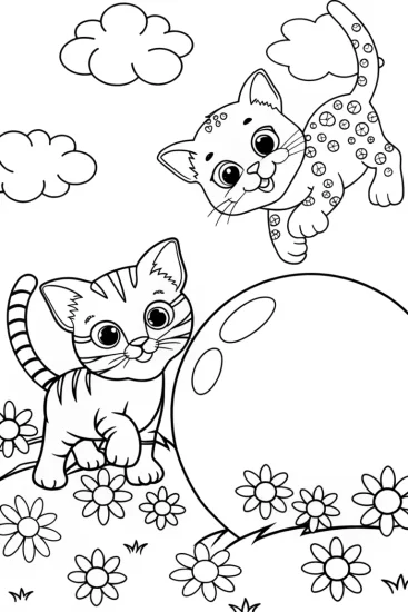 A coloring page of Playful Kittens in a Bubble Wonderland Coloring Page