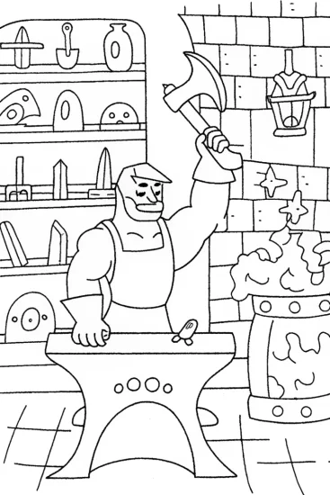 A coloring page of The Enchanted Forge of Champions Coloring Page