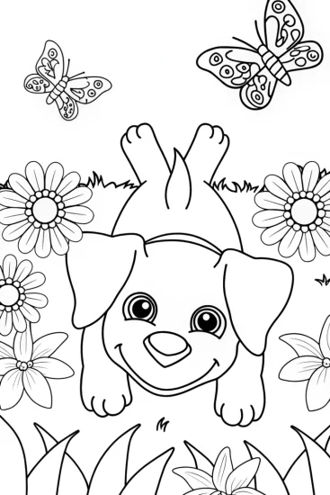 A coloring page of Puppy in a Floral Wonderland Coloring Page