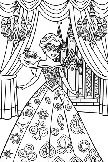 A coloring page of Elsa’s Enchanted Ice Masquerade Coloring Page