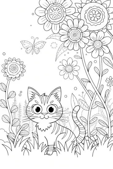 A coloring page of Fern the Cat in a Secret Garden Coloring Page