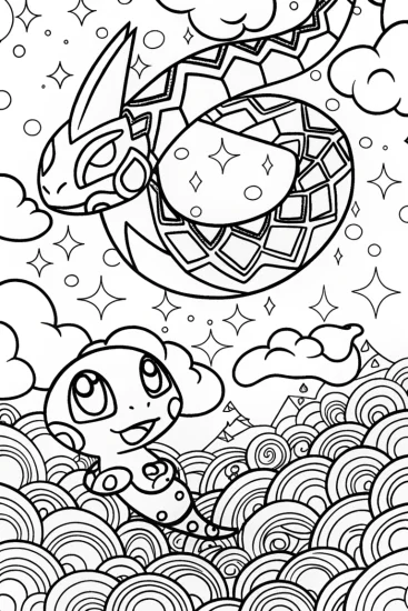 A coloring page of Rayquaza and Celebi Friendship Coloring Page