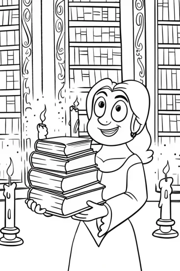 A coloring page of Belle’s Magical Library Coloring Page