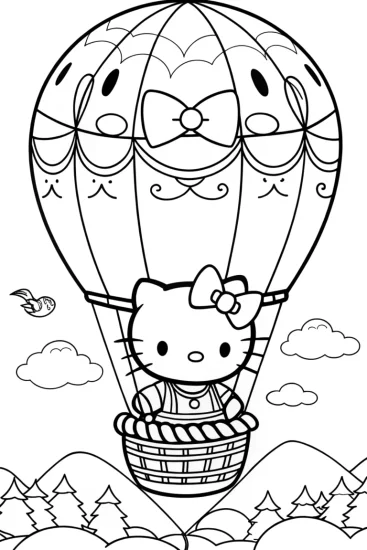 A coloring page of Hello Kitty’s Magical Balloon Ride Coloring Page