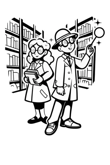 A coloring page of Anime Explorers in a Time-Traveling Library Coloring Page