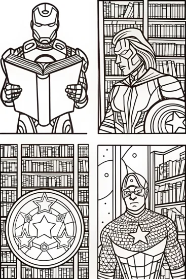A coloring page of Avengers Assemble at the Cosmic Library Coloring Page