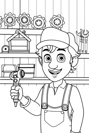 A coloring page of Luigi the Inventor in His Whimsical Workshop Coloring Page